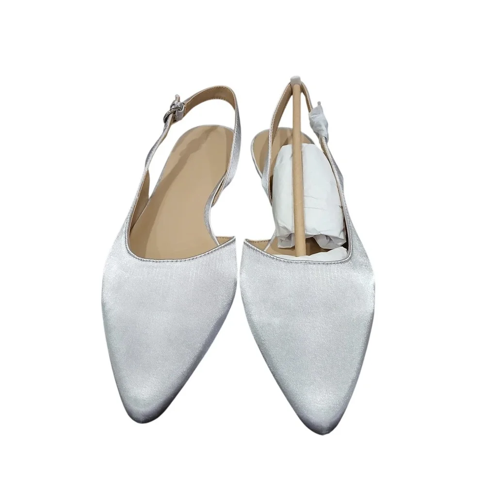 Lands End Silver White Satin Slingback Pointed Toe Low Heel Flats Womens 10